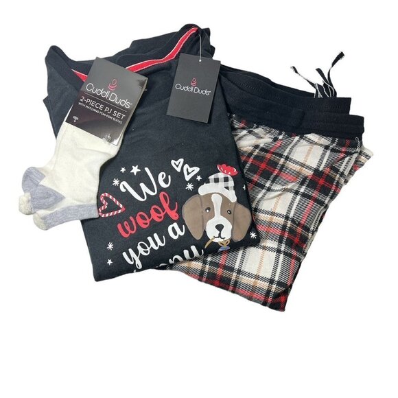 Cuddl Duds Womens Black Dogs Sweater Knit Socks Pajamas 3 Pc Sets Plus Sz 2X New - Picture 3 of 8